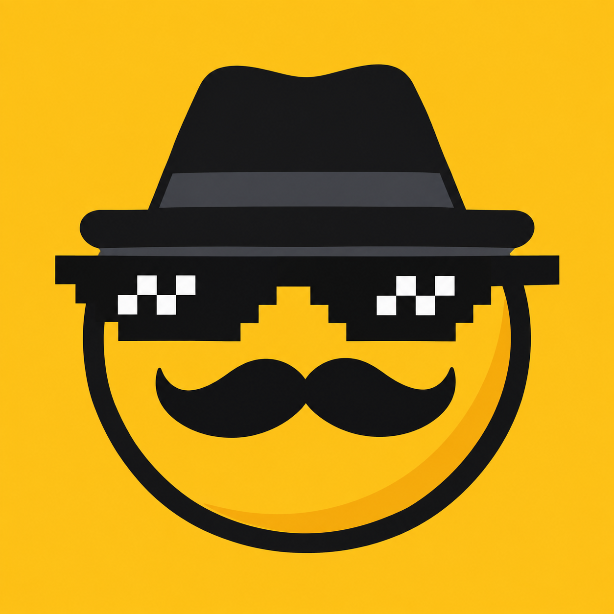 Privacy Coin mascot wearing a black hat, pixel sunglasses and moustache